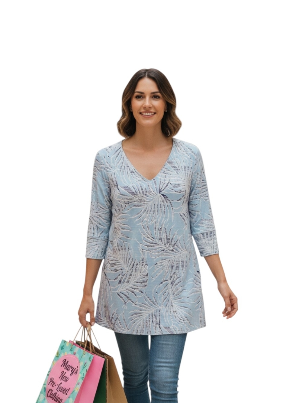 Clara Sun Woo - NWT Turquoise Tunic W/ White & Navy Blue Floral Design, V-Neck